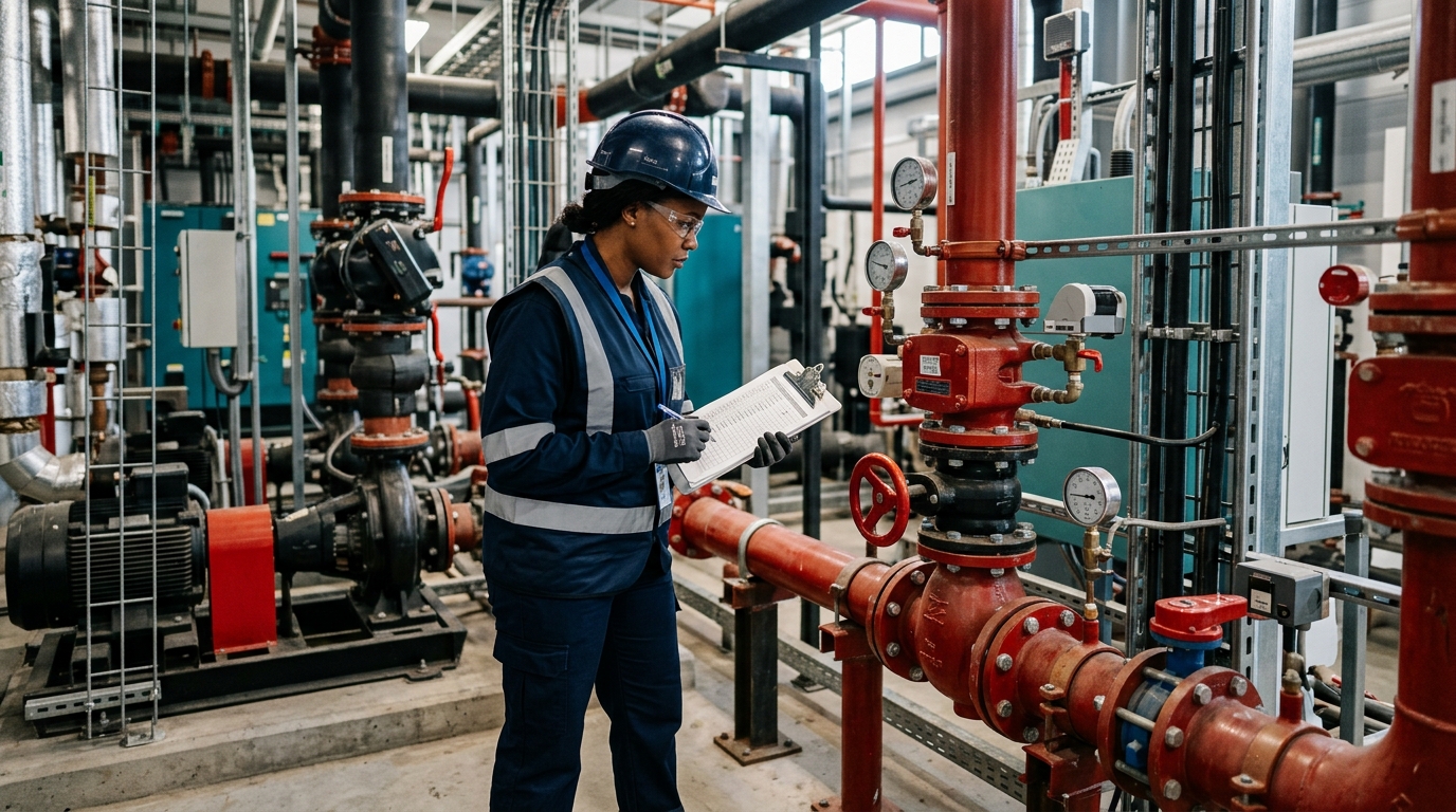 Kỹ sư QA/QC MEP kiểm tra hệ ống chữa cháy tại phòng kỹ thuật
