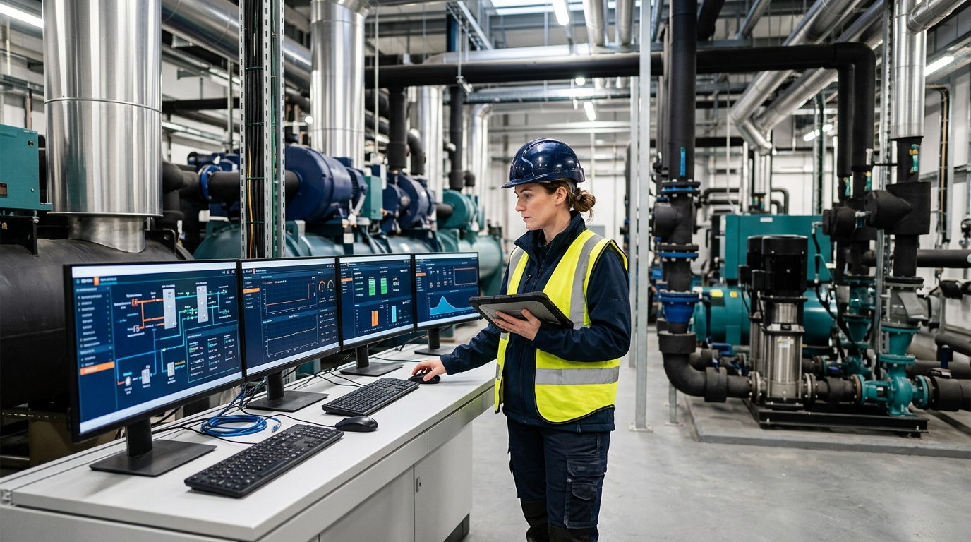 Kỹ sư commissioning MEP theo dõi thông số hệ thống trên bảng điều khiển BMS