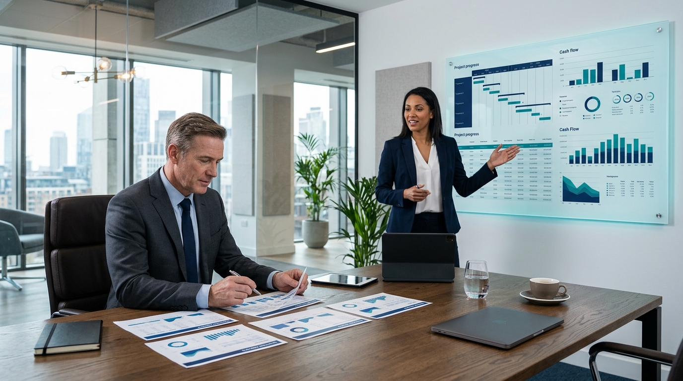 CEO tổng thầu nội thất họp điều hành tuần với năm báo cáo trên bàn và bảng tiến độ
