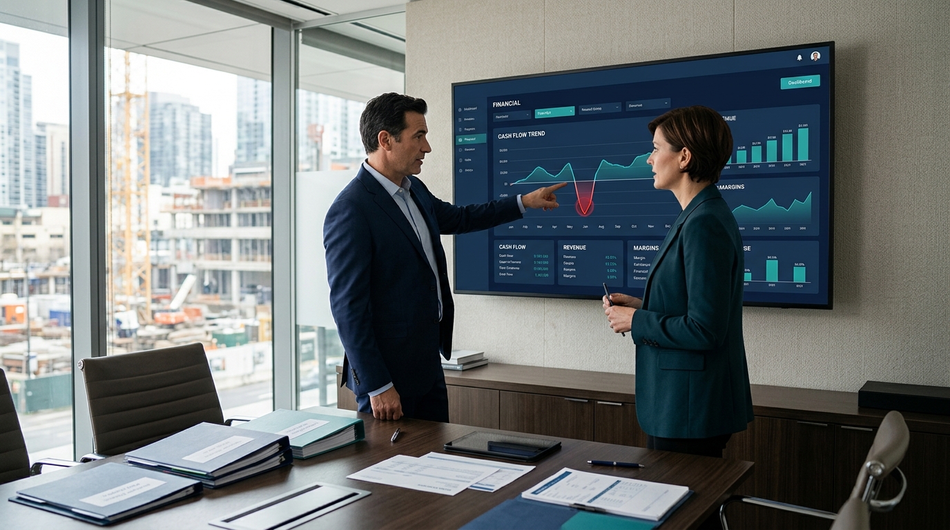 CEO và CFO tổng thầu họp rà soát dashboard tài chính với biểu đồ dòng tiền trên màn hình lớn