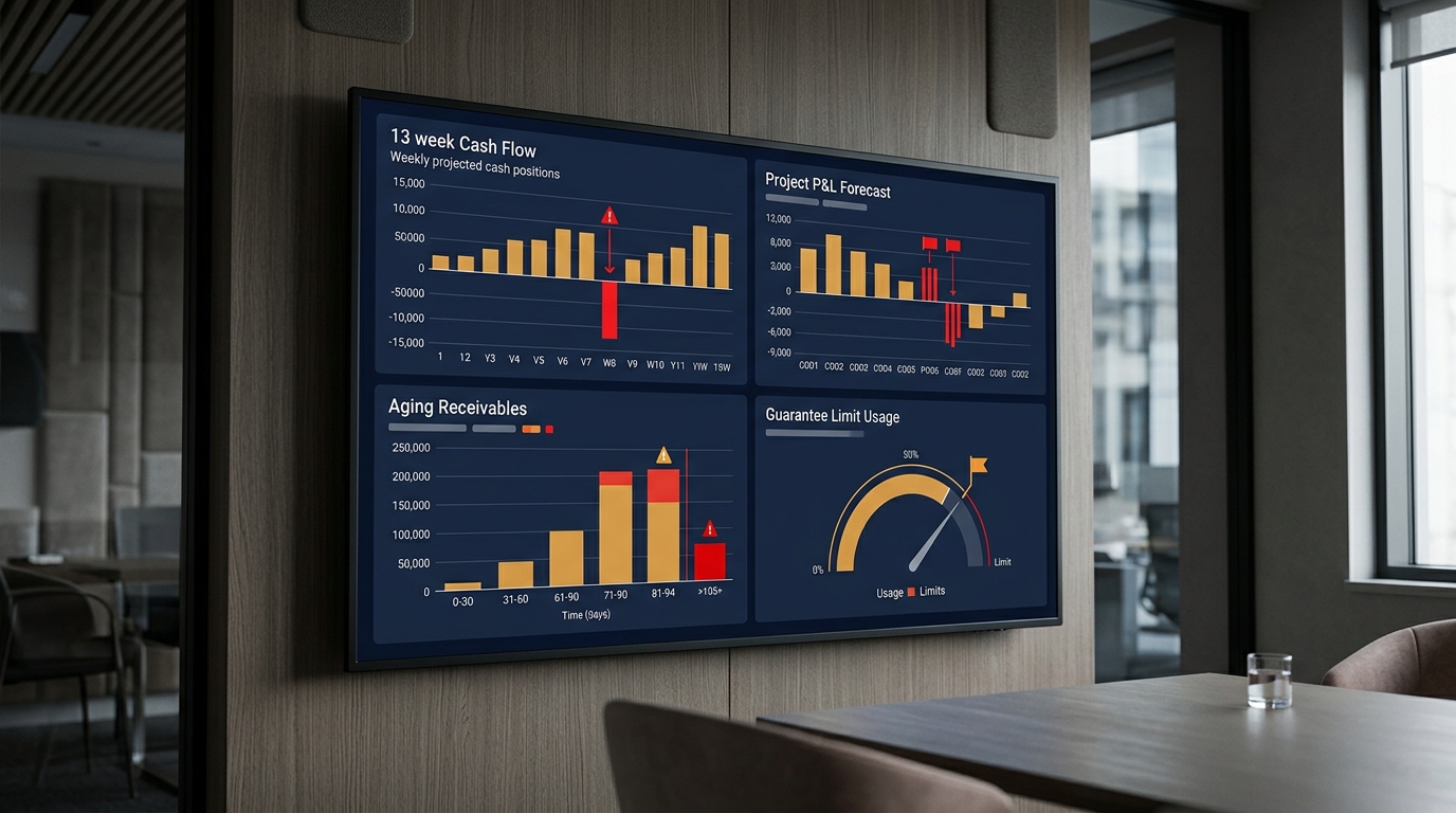 Màn hình dashboard tài chính bốn khối: dòng tiền, lãi lỗ dự án, công nợ và hạn mức bảo lãnh