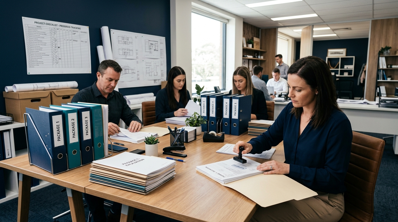 Bộ phận hồ sơ của tổng thầu soát bộ chứng từ thanh toán theo từng gói thầu với checklist trên tường