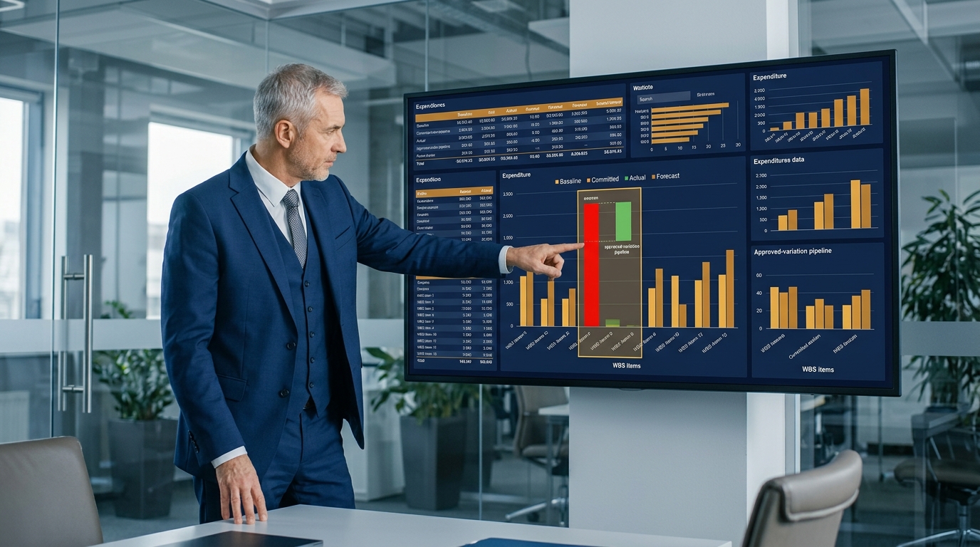 Màn hình dự toán theo WBS: baseline, committed cost, dự báo và cảnh báo vượt 7,5 tỷ